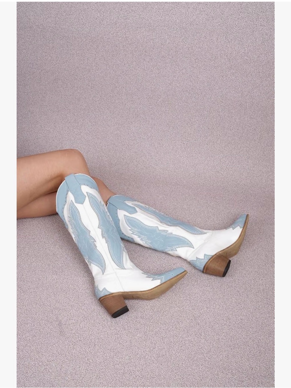 Sky Blue and White Western Heeled Cowboy Boots - Women's Fashion Boots